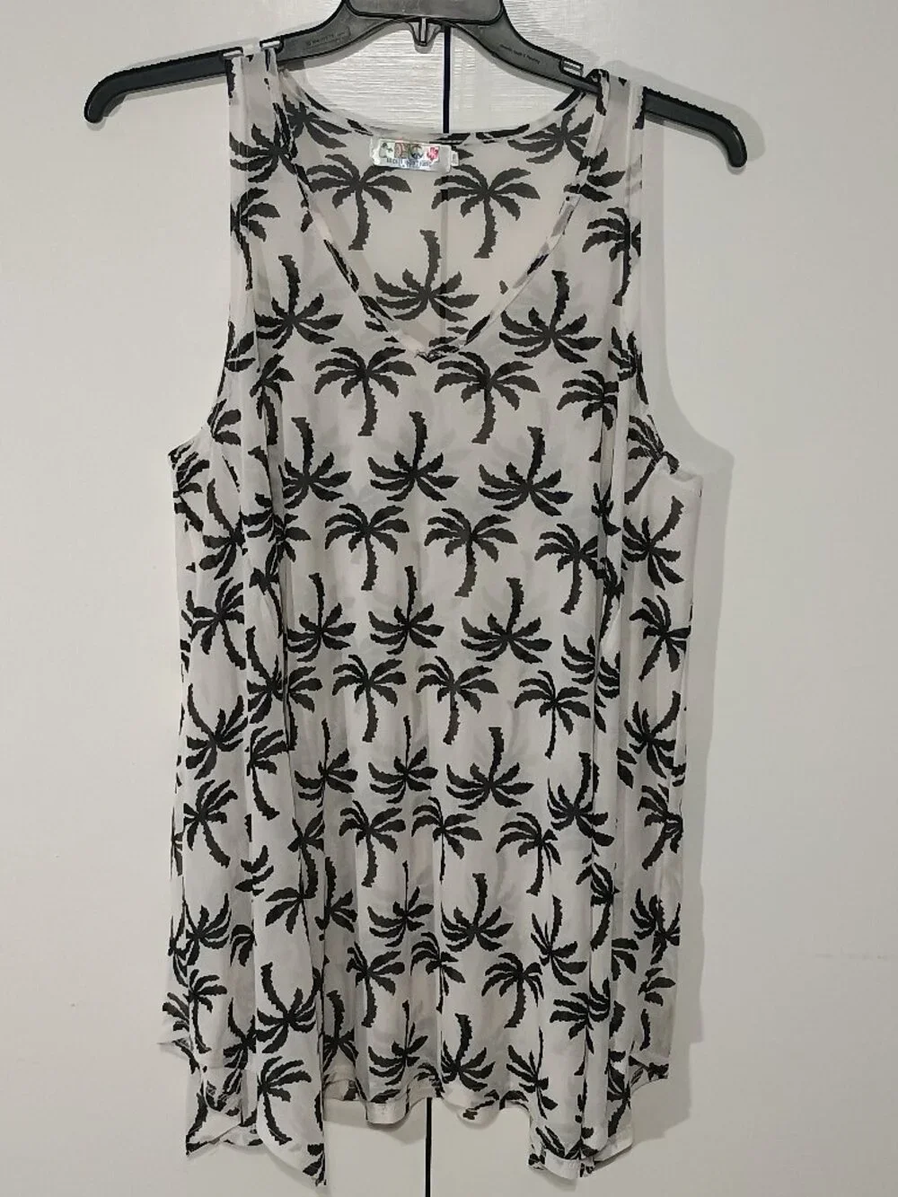 India Boutique Palm Tree Print Sheer Tank Top One Size Black White Tropical Beac